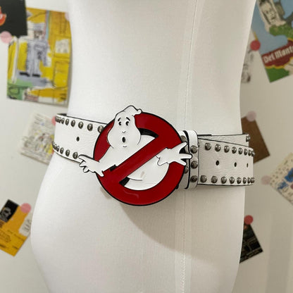 Ghost Busters Belt with the iconic ghost logo buckle is displayed on a white mannequin against a wall decorated with various posters and artwork.