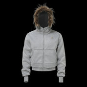 A light grey "Mens Faux Fur Hooded Jacket" with a prominent brown faux fur-trimmed hood is shown zipped up against a dark background.