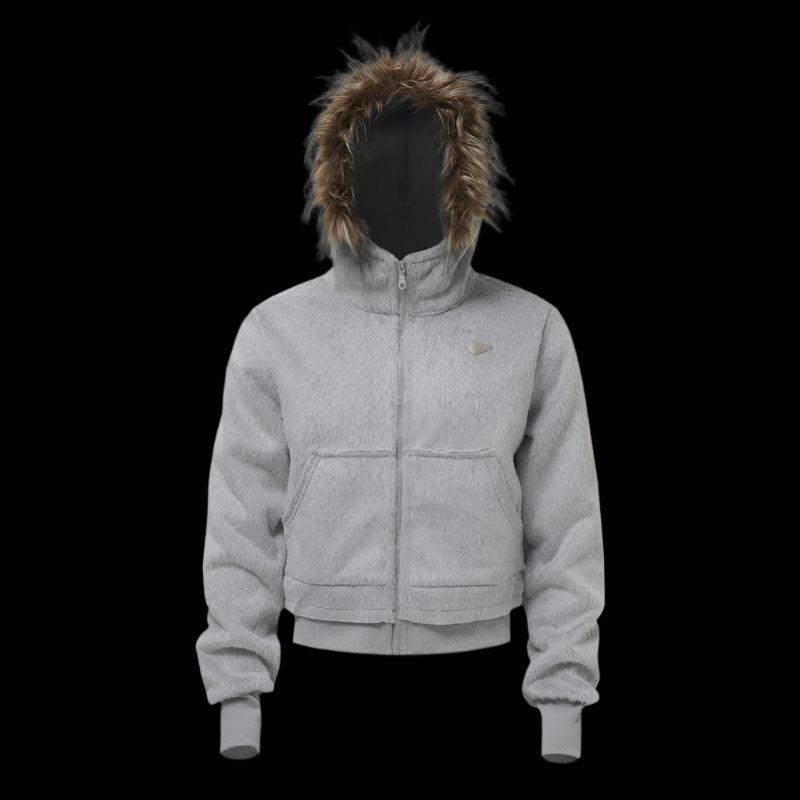 A light grey "Mens Faux Fur Hooded Jacket" with a prominent brown faux fur-trimmed hood is shown zipped up against a dark background.
