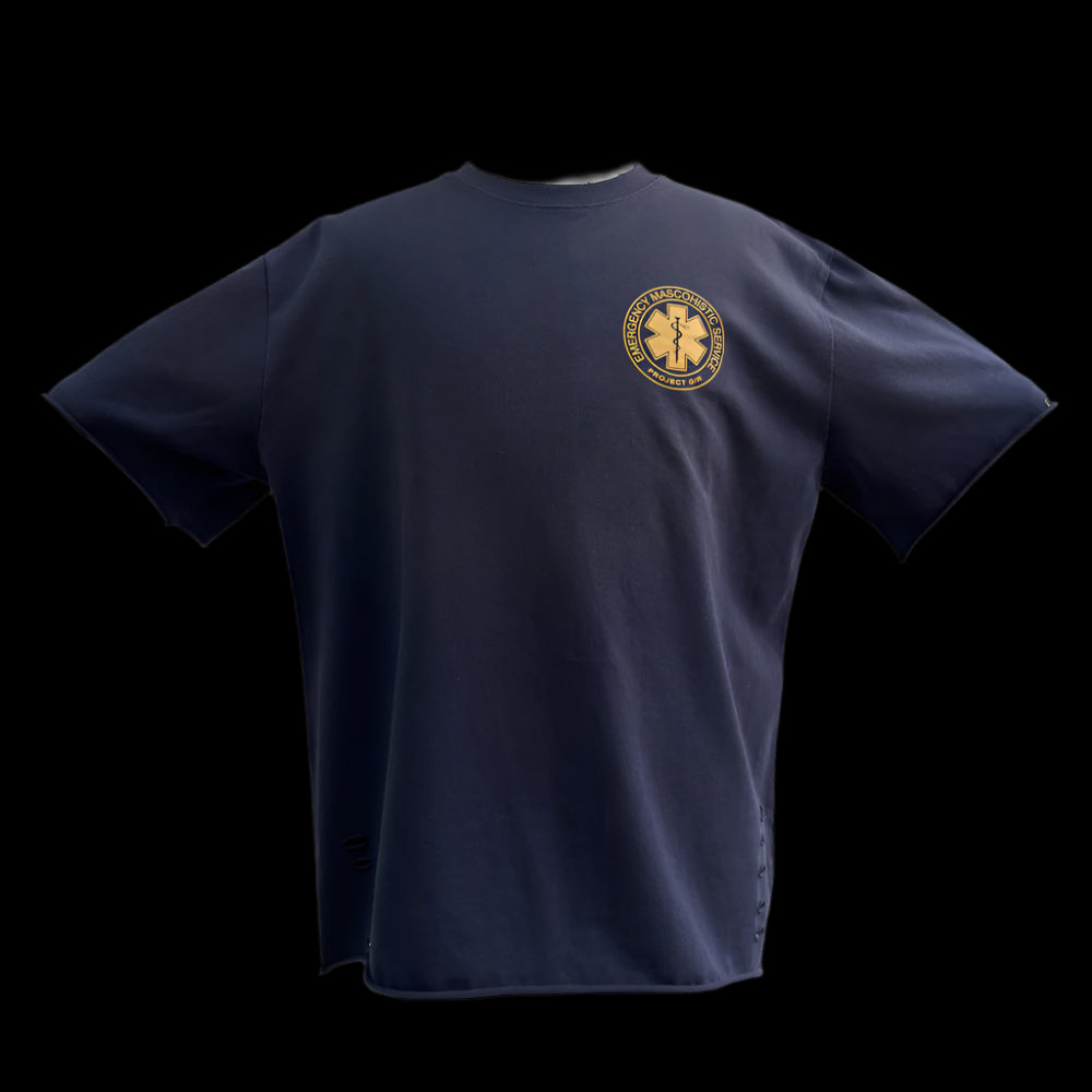 A dark blue "Masochist T-Shirt" featuring a gold circular emblem with a star of life symbol and text.
