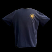 A dark blue "Masochist T-Shirt" featuring a gold circular emblem with a star of life symbol and text.