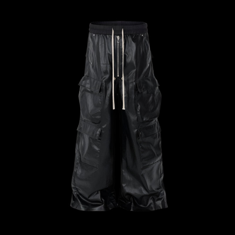Durable "Men" Genuine Leather Pants featuring a detailed shot of black, wide-leg cargo pants with a slightly shiny, waxed leather appearance.
