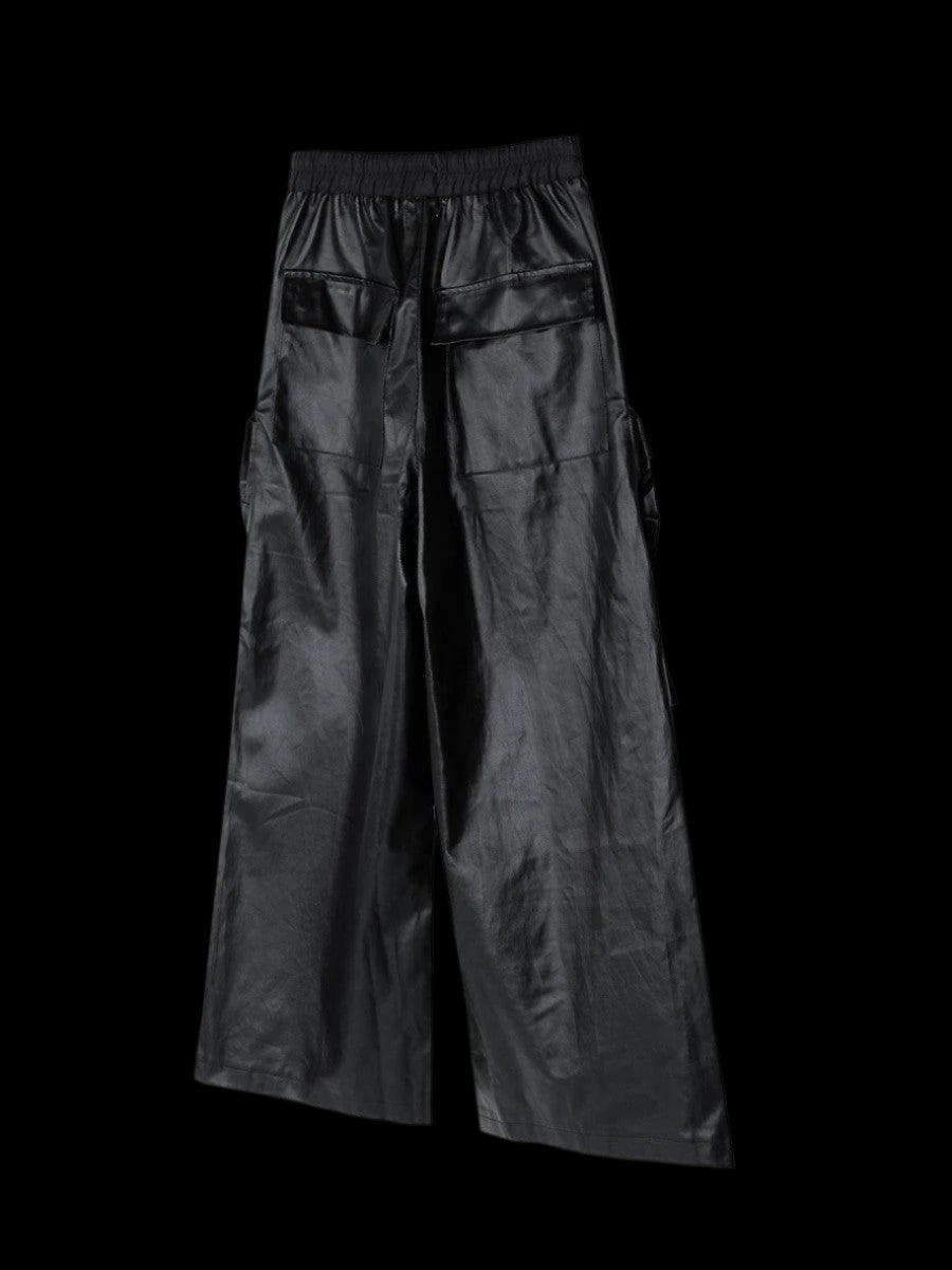 Stylish "Men" RO Waxed Black Cargos Pants as dark, textured cargo pants with a wide leg, drawstring waist, and various utility pockets.