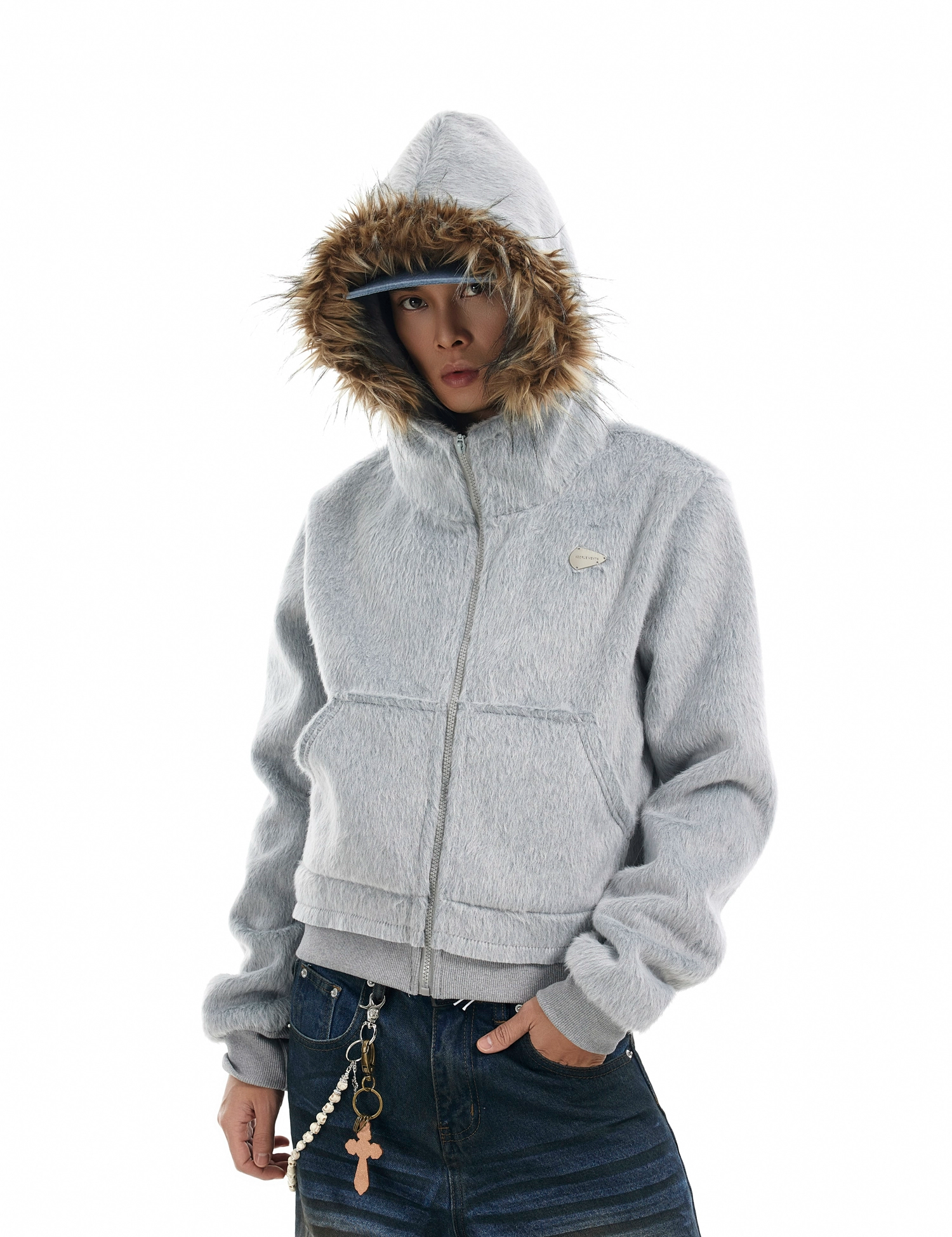 A person models a "Mens Faux Fur Hooded Jacket" in light grey, featuring a prominent brown faux fur trim around the hood