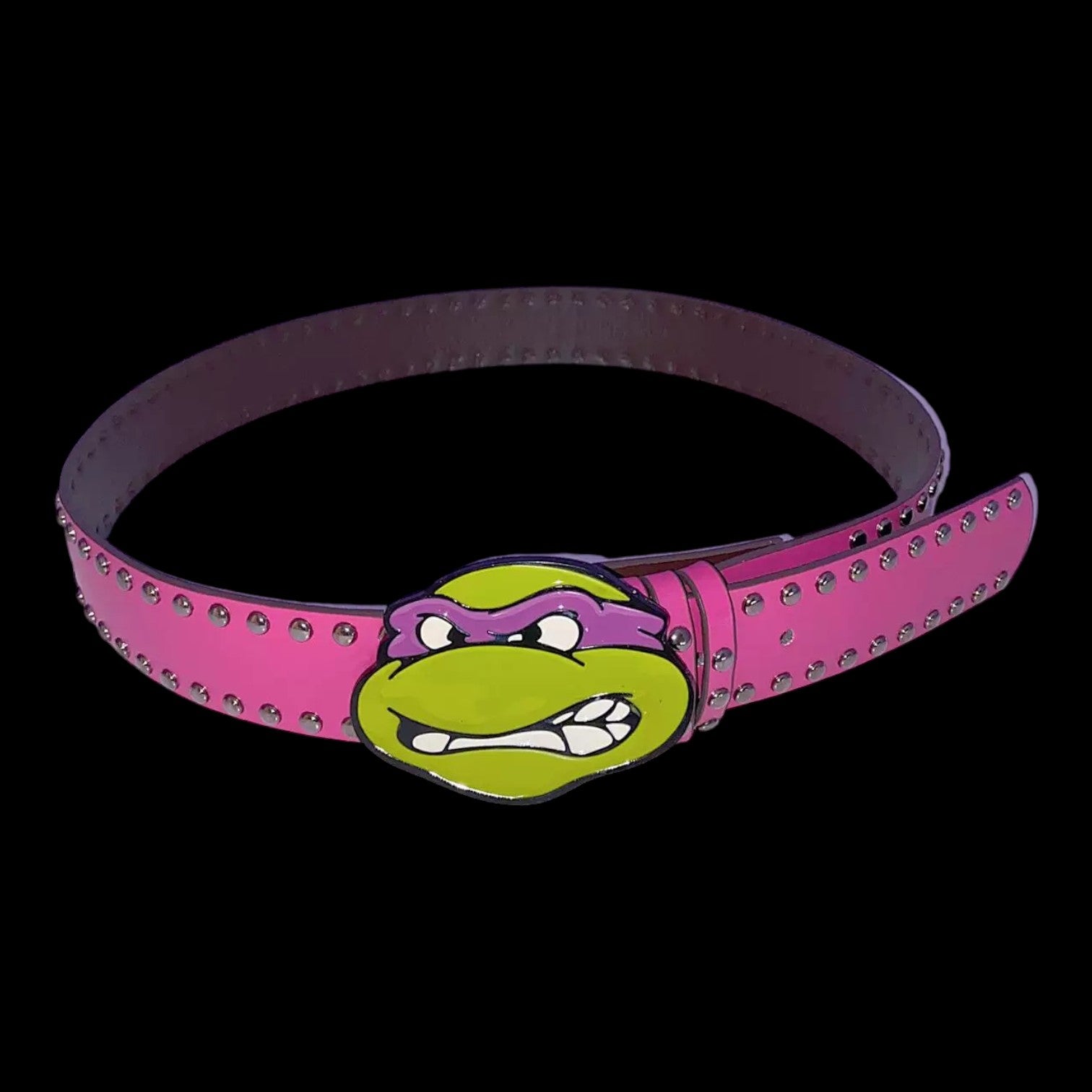 A close-up shot of a shiny pink studded belt with a large Donatello, the Teenage Mutant Ninja Turtle, face as the buckle, set against a black background.