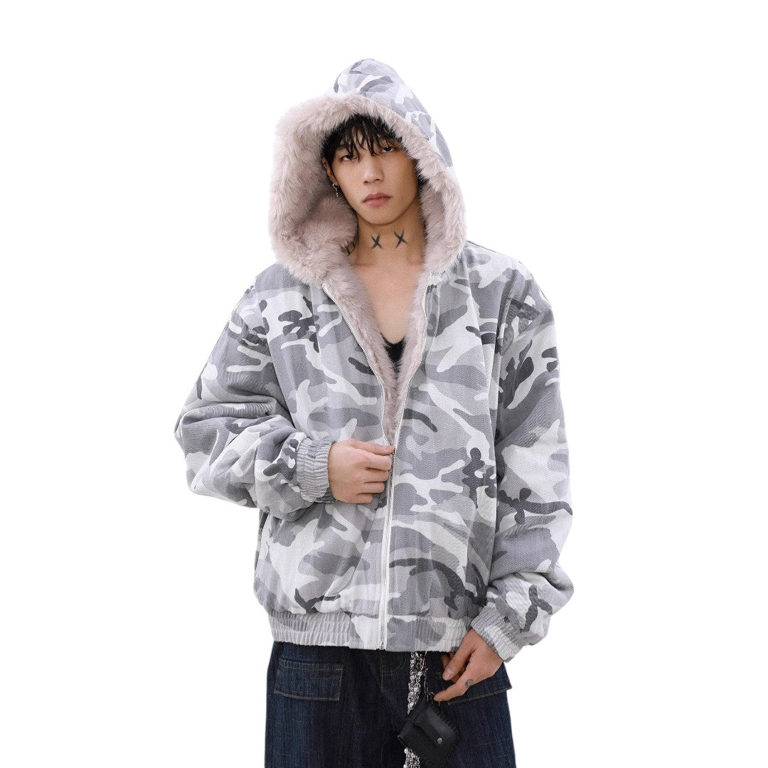 Snow Camouflage Patchwork Fur Jacket Tracksuit