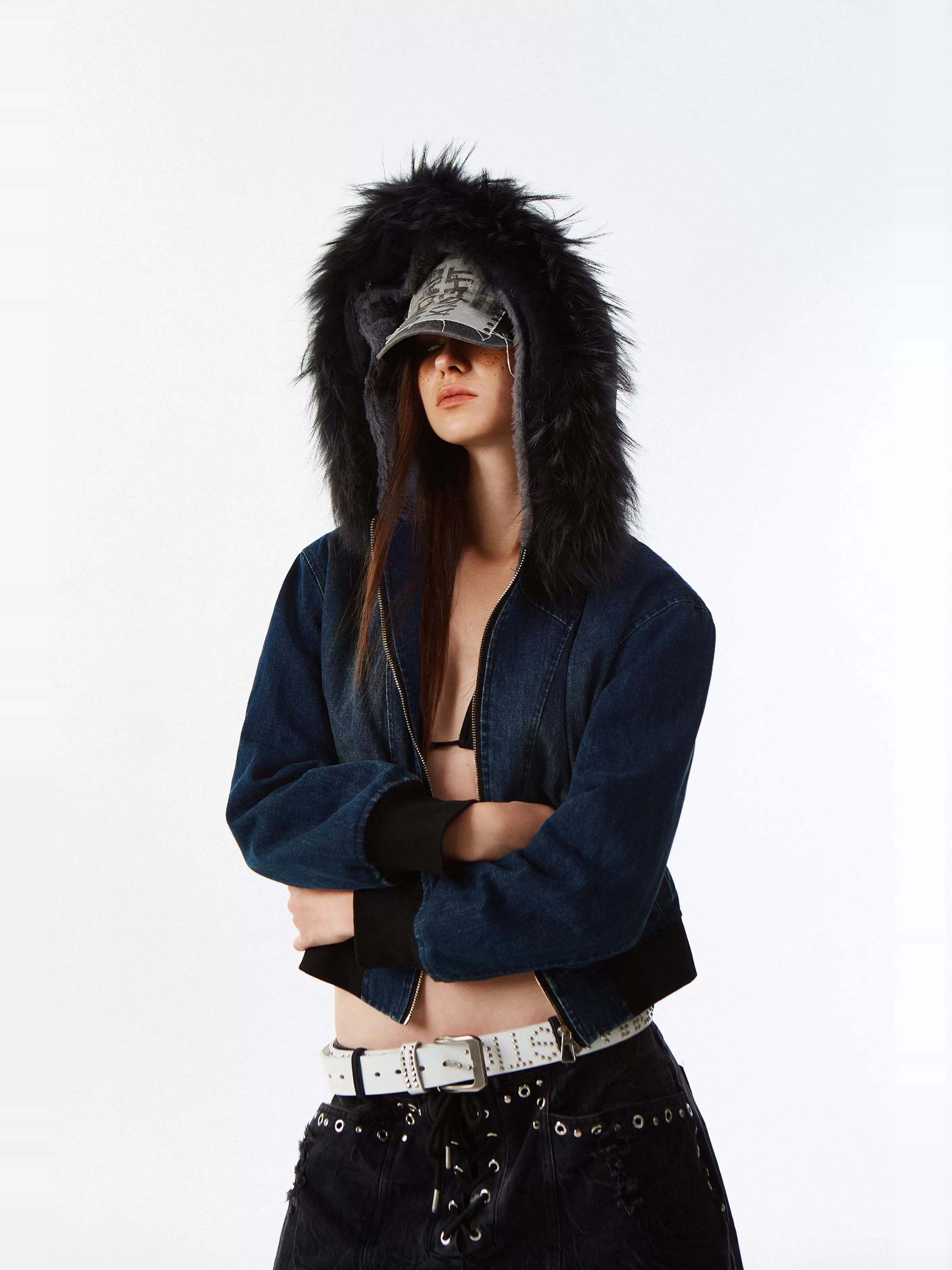 Distressed Denim Fur Jacket out of stock