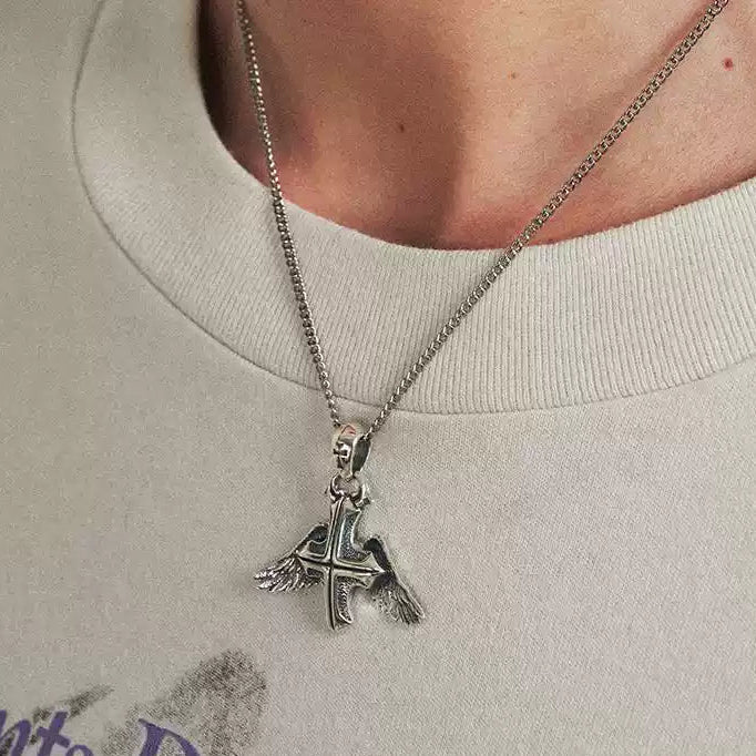 "SACRED FLIGHT" SILVER WINGED CROSS NECKLACE