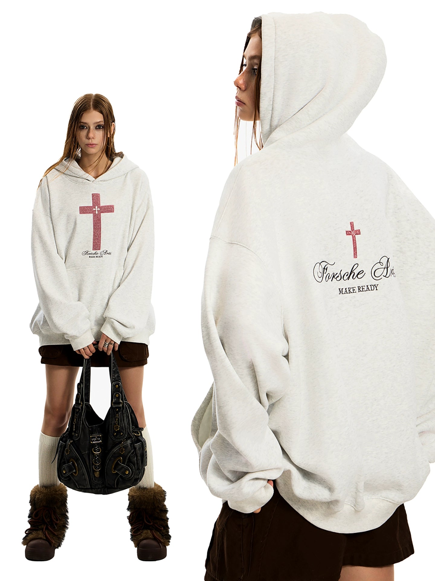  woman with braided hair wears an oversized light grey GOTHIC HOODIE 