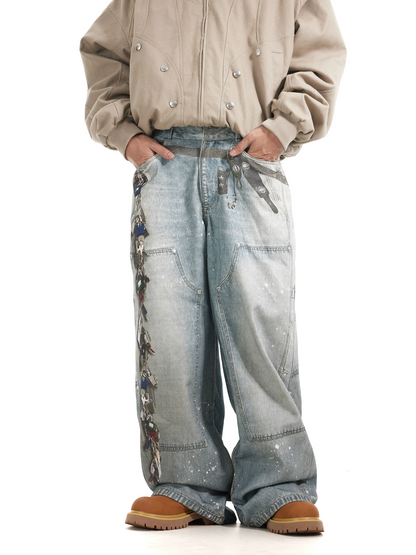 Multi Key Ink Splashed Baggy Jeans
