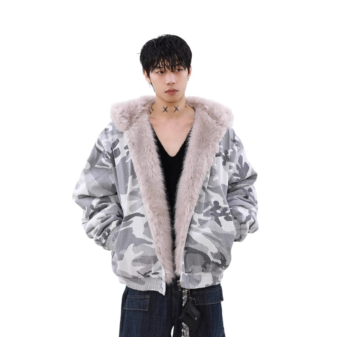 Snow Camouflage Patchwork Fur Jacket Tracksuit