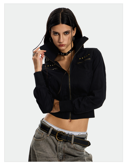 A model is shown in two poses wearing a black Rebel Camo Jacket with studded detailing.