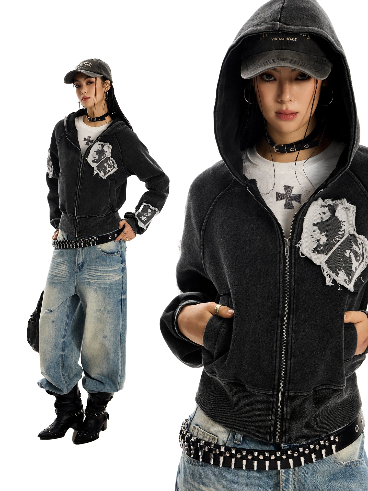 "Punk RockStar" hoodie with graphic patches and ripped detailing.