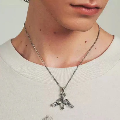 "SACRED FLIGHT" SILVER WINGED CROSS NECKLACE