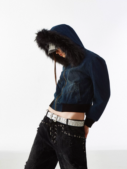 Distressed Denim Fur Jacket out of stock