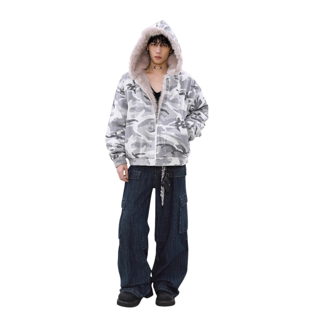 Snow Camouflage Patchwork Fur Jacket Tracksuit