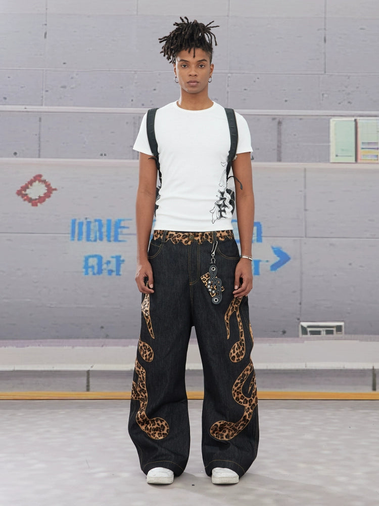 DND4DES Cow Leopard Print Baggy Scimitar Baggy Jeans