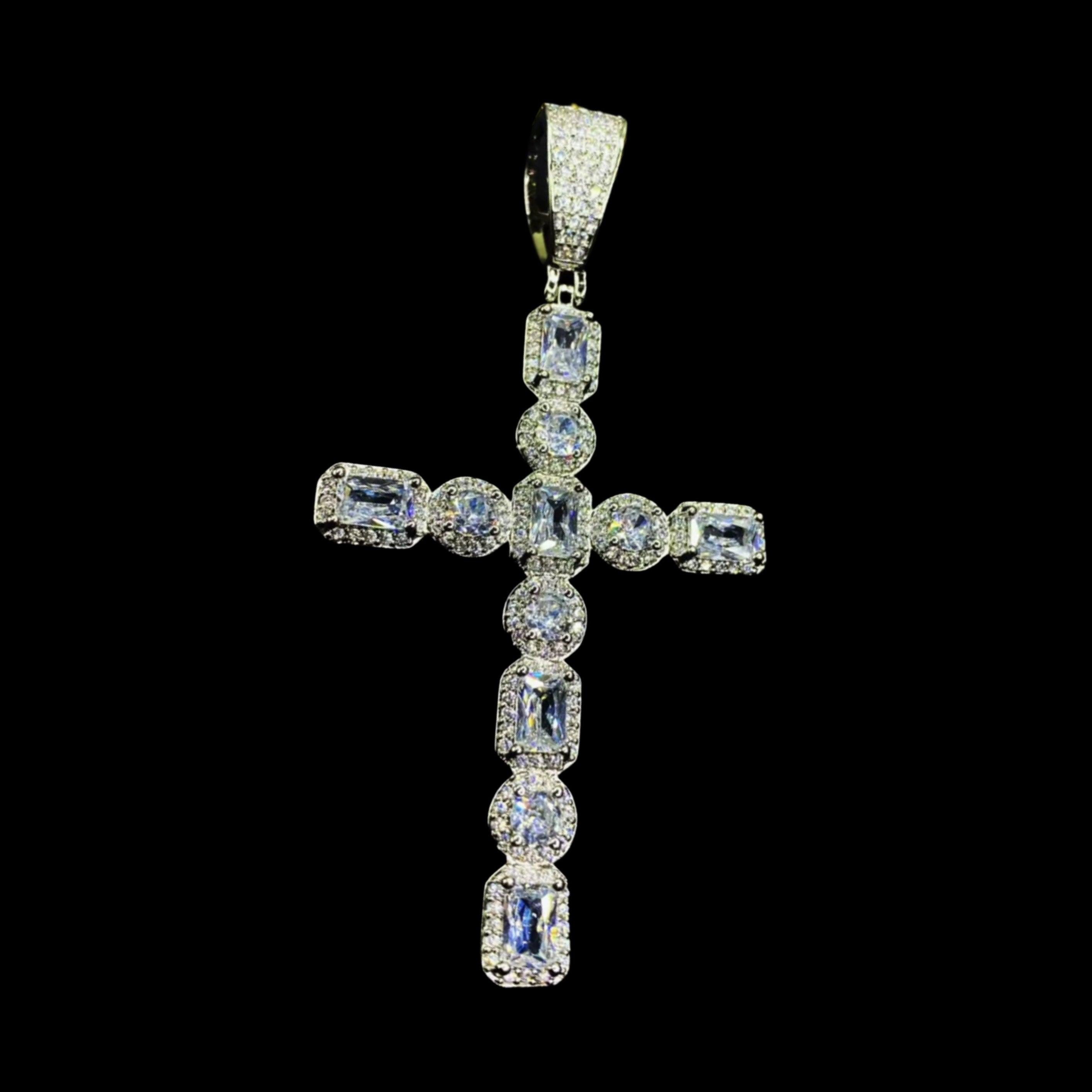 A  dazzling "GODFATHER CROSS NECKLACE" pendant, featuring a cross adorned with various cuts of sparkling diamonds, hangs against a deep black background.