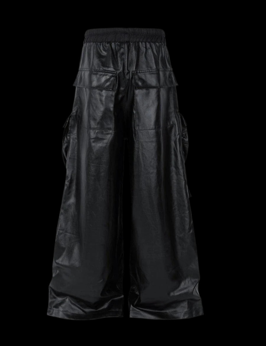 Men's RO Waxed Black Cargos Pants - Genuine Leather Pants showcasing black, wide-leg, waxed leather cargo pants with prominent pockets and a central zipper detail.