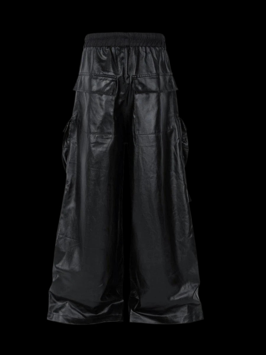 Men's RO Waxed Black Cargos Pants - Genuine Leather Pants showcasing black, wide-leg, waxed leather cargo pants with prominent pockets and a central zipper detail.