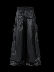 Men's RO Waxed Black Cargos Pants - Genuine Leather Pants showcasing black, wide-leg, waxed leather cargo pants with prominent pockets and a central zipper detail.