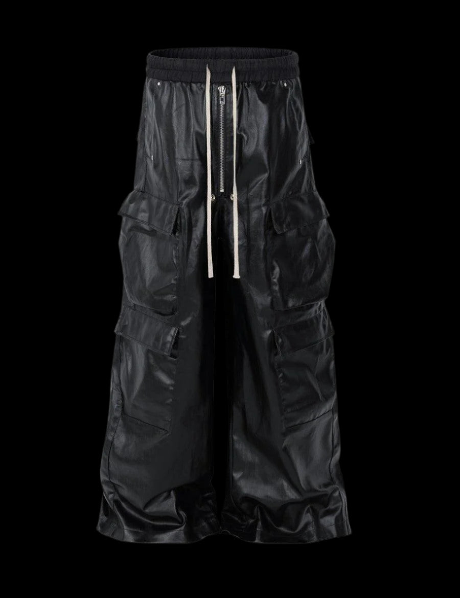 RO Waxed Black Cargos Pants  Genuine Leather Pants for men featuring a front view of black wide-leg cargo pants with a drawstring waist and multiple pockets.