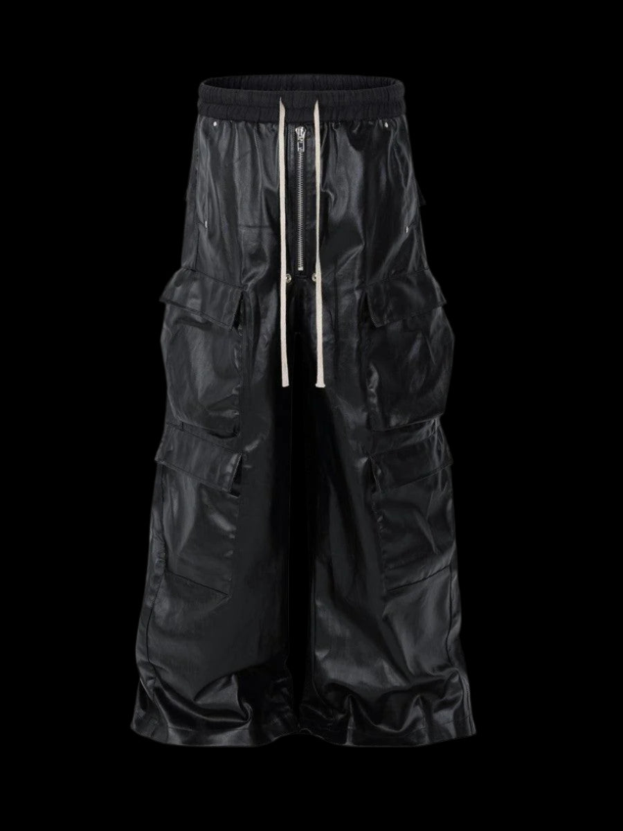 RO Waxed Black Cargos Pants  Genuine Leather Pants for men featuring a front view of black wide-leg cargo pants with a drawstring waist and multiple pockets.
