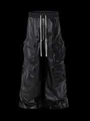 RO Waxed Black Cargos Pants  Genuine Leather Pants for men featuring a front view of black wide-leg cargo pants with a drawstring waist and multiple pockets.