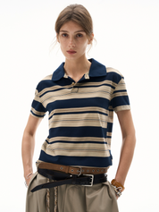 A product shot shows a woman wearing a Retro Polo Shirt with navy and tan horizontal stripes and a solid navy collar. 