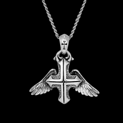 "SACRED FLIGHT" SILVER WINGED CROSS NECKLACE