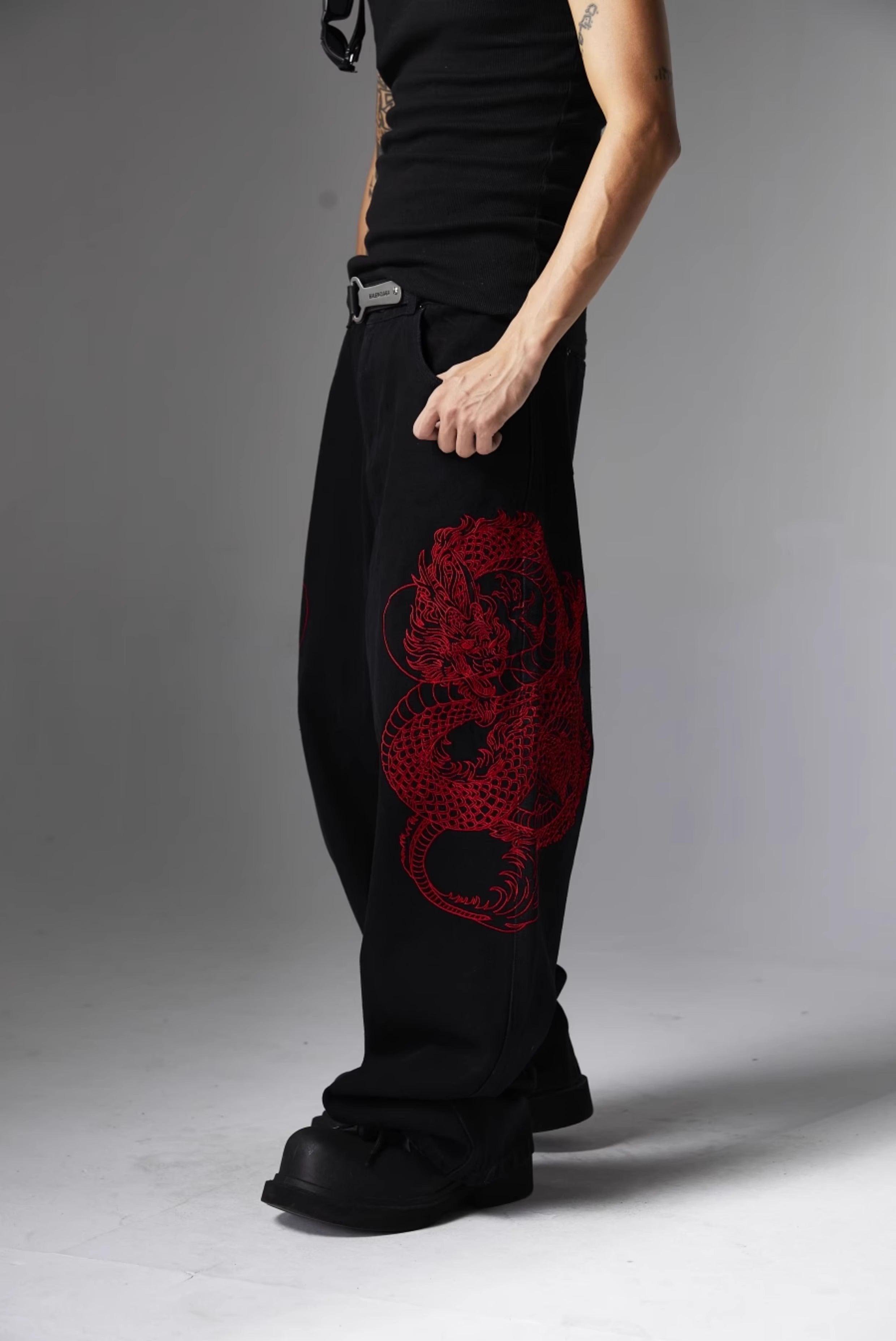 ATSF30 Embroidered Dragon Totem Jeans - Dekayed