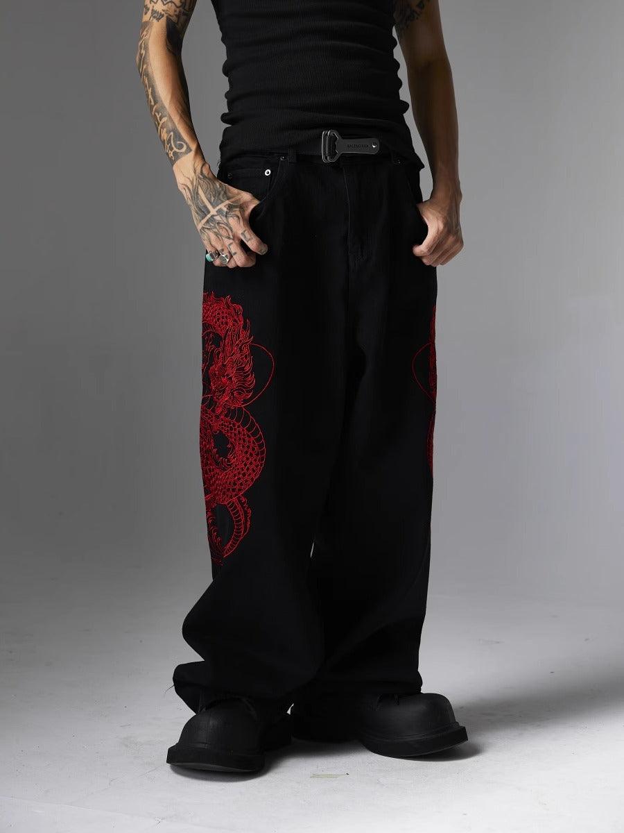 ATSF30 Embroidered Dragon Totem Jeans - Dekayed