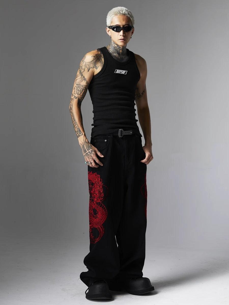 ATSF30 Embroidered Dragon Totem Jeans - Dekayed