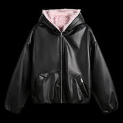 Leather Pink Fur Hooded Quilted Jacket