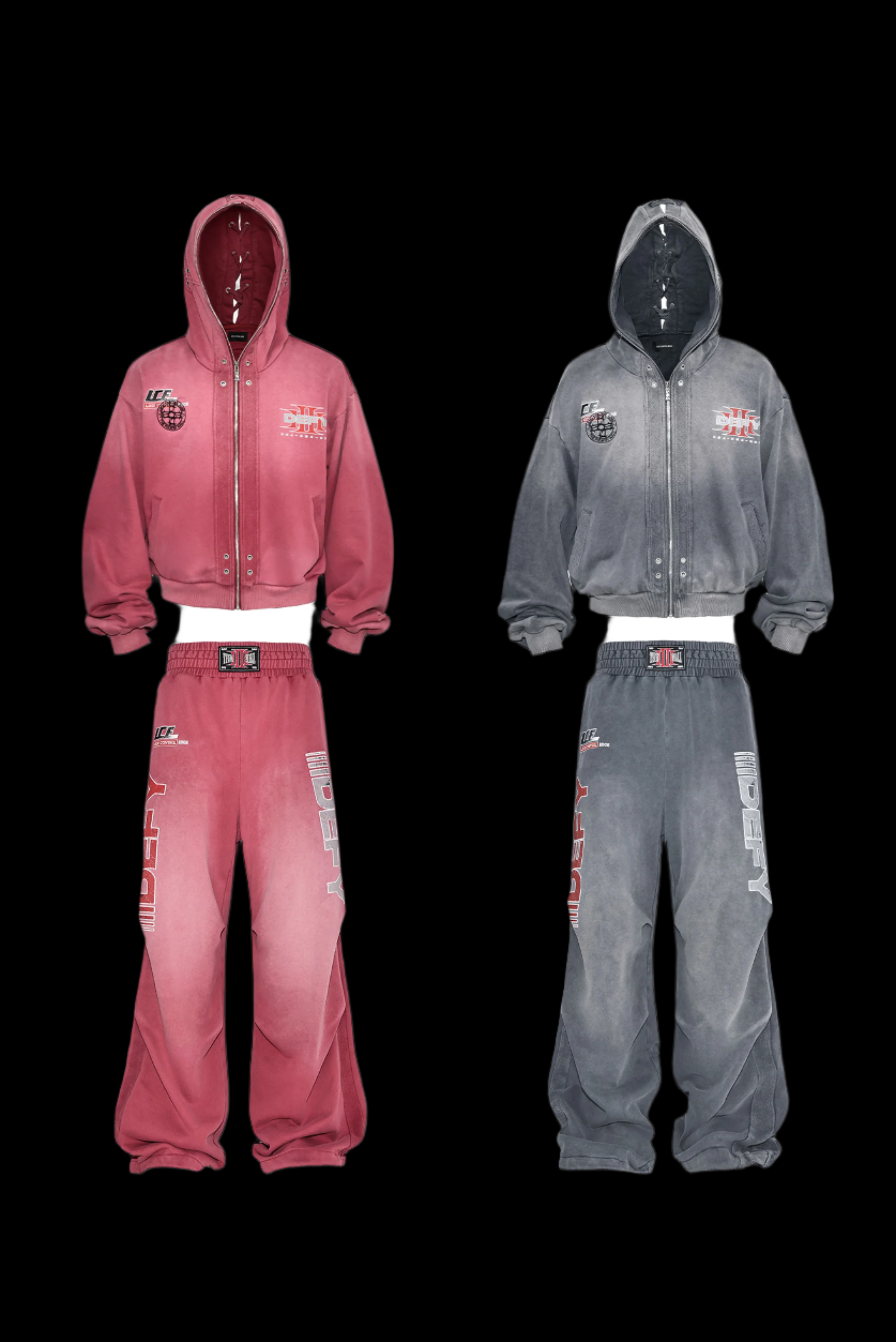 Two outfits, each with a matching defcon hoodie and sweatpants, are shown against a black background.