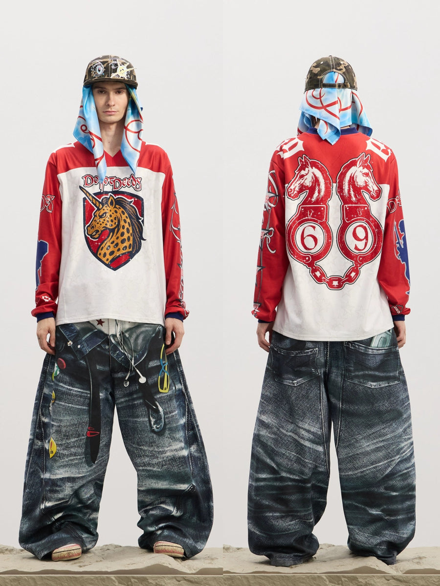 DND4DES American street ice hockey uniform leopard print unicorn hot diamond print long sleeve T-shirt contrasting hip - hop jersey - Dekayed