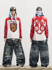DND4DES American street ice hockey uniform leopard print unicorn hot diamond print long sleeve T-shirt contrasting hip - hop jersey - Dekayed