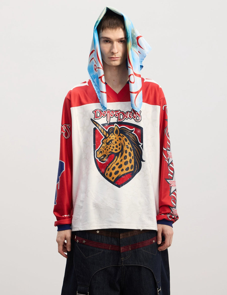 DND4DES American street ice hockey uniform leopard print unicorn hot diamond print long sleeve T-shirt contrasting hip - hop jersey - Dekayed