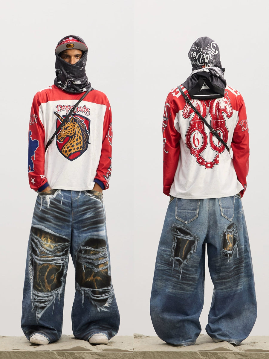 DND4DES American street ice hockey uniform leopard print unicorn hot diamond print long sleeve T-shirt contrasting hip - hop jersey - Dekayed