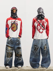 DND4DES American street ice hockey uniform leopard print unicorn hot diamond print long sleeve T-shirt contrasting hip - hop jersey - Dekayed