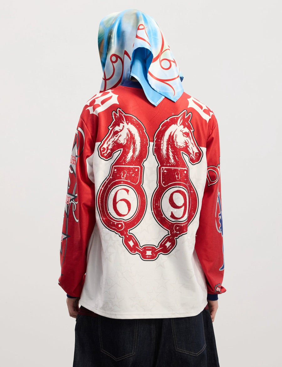 DND4DES American street ice hockey uniform leopard print unicorn hot diamond print long sleeve T-shirt contrasting hip - hop jersey - Dekayed