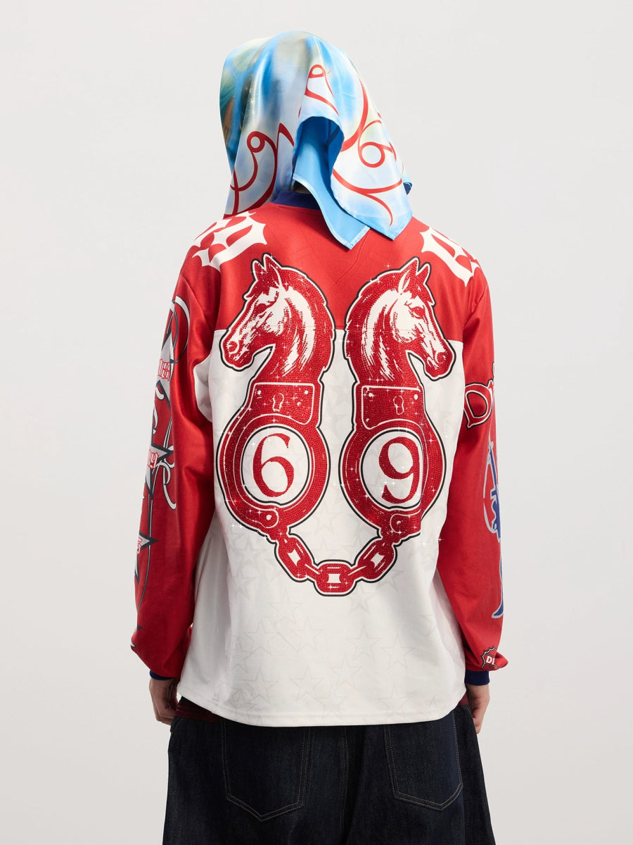 DND4DES American street ice hockey uniform leopard print unicorn hot diamond print long sleeve T-shirt contrasting hip - hop jersey - Dekayed