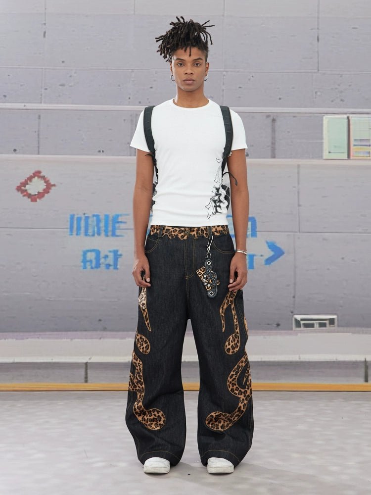 DND4DES Cow Leopard Print Baggy Scimitar Baggy Jeans - Dekayed