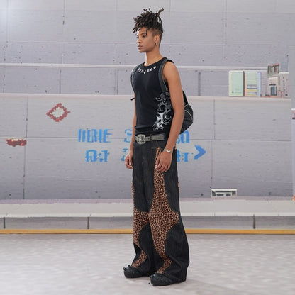 DND4DES Leopard Print Raw Baggy Denim Knife Jeans - Dekayed