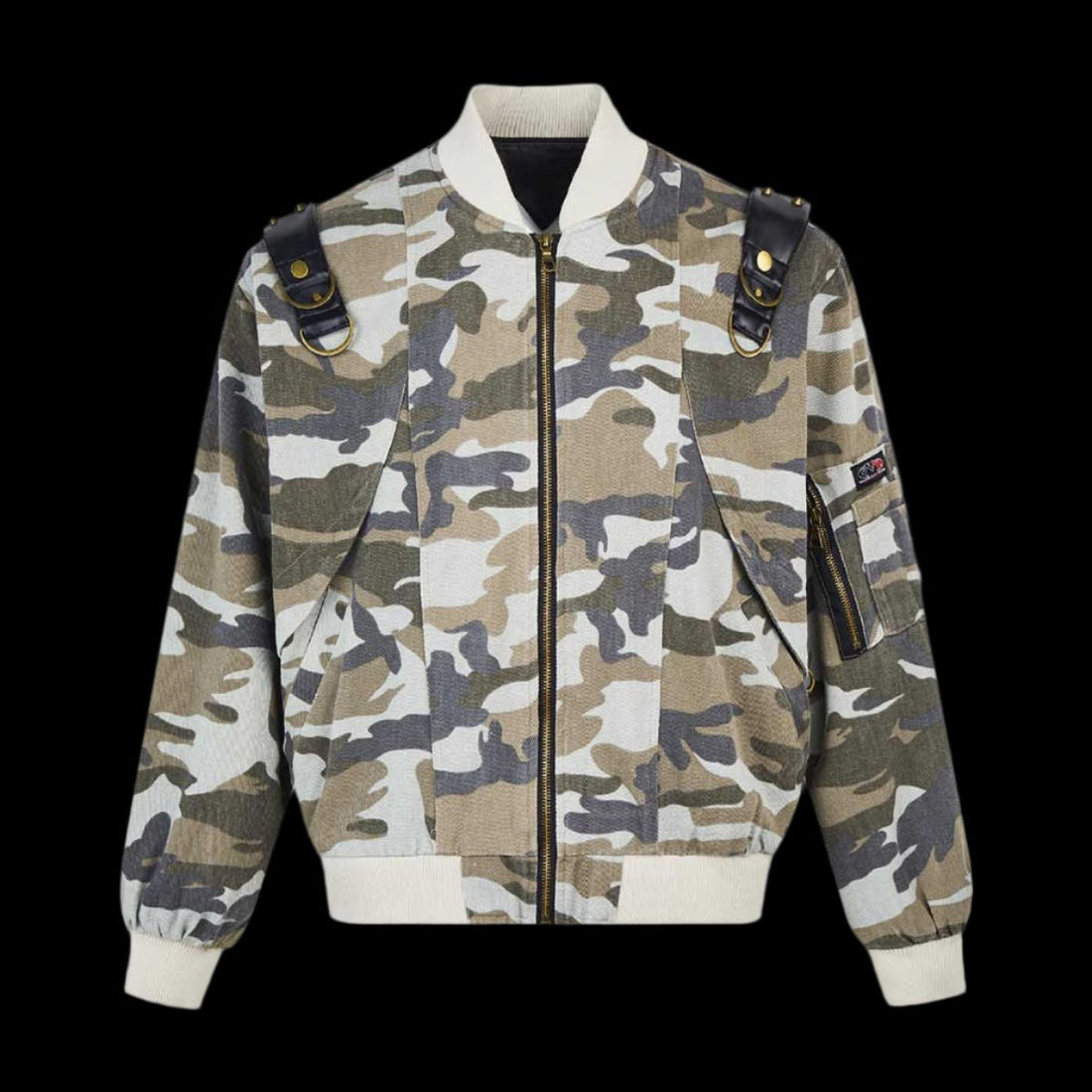 &quot;Leon&quot; Camo Leather Shoulder Pad Denim Bomber Jacket