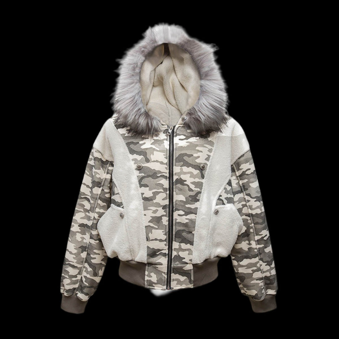 Camouflage Spliced Fur Hooded Fleece Jacket