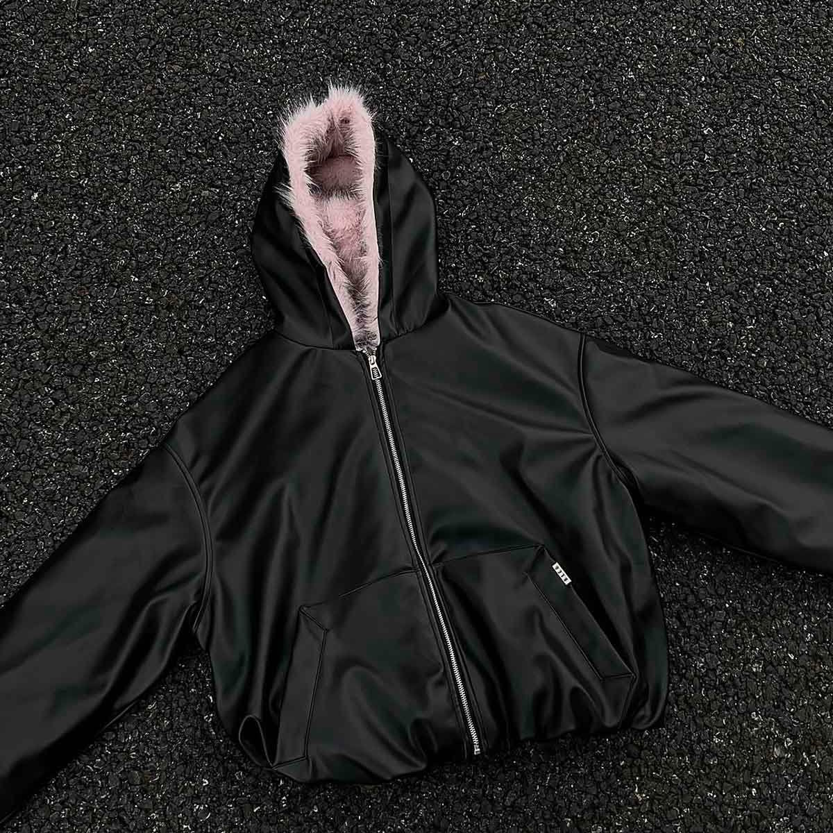 Leather Pink Fur Hooded Quilted Jacket