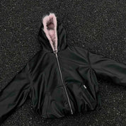 Leather Pink Fur Hooded Quilted Jacket