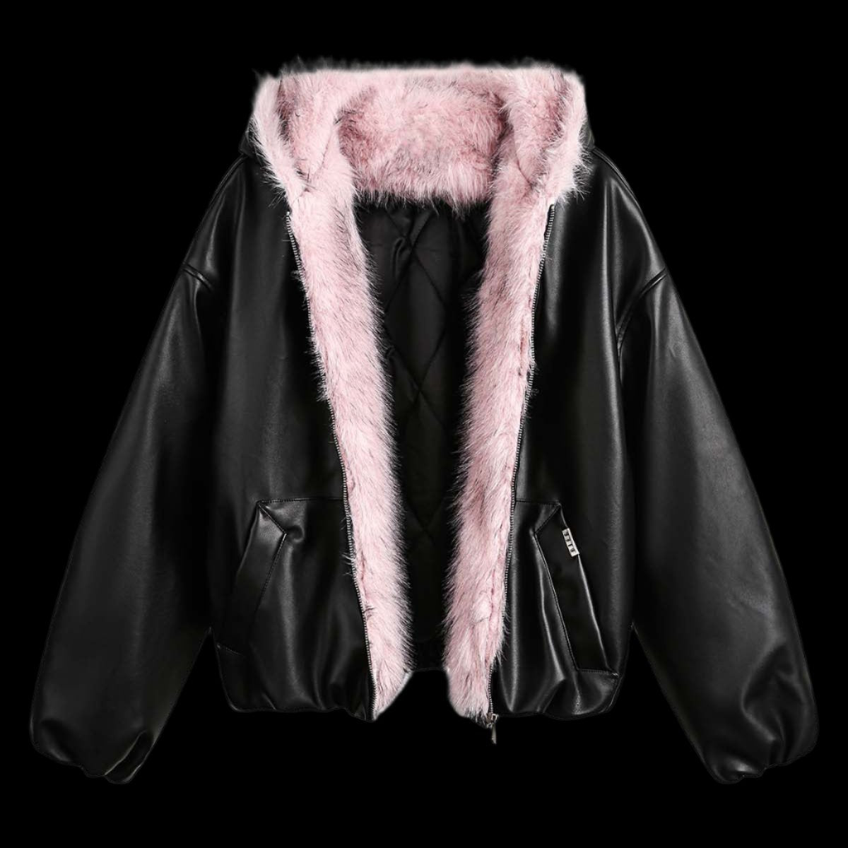 Leather Pink Fur Hooded Quilted Jacket