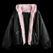 Leather Pink Fur Hooded Quilted Jacket